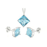 Sterling Silver Aquamarine CZ Princess Earrings and Pendant Set