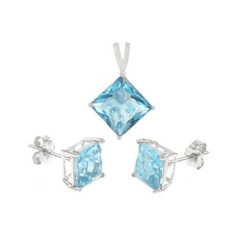 Sterling Silver Aquamarine CZ Princess Earrings and Pendant Set