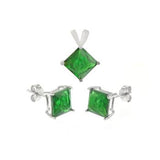 Sterling Silver Emerald CZ Princess Earrings and Pendant Set