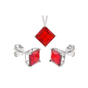 Sterling Silver Ruby CZ Princess Earrings and Pendant Set