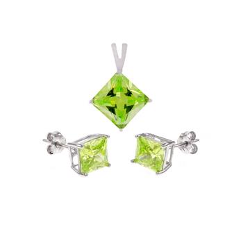 Sterling Silver Peridot CZ Princess Earrings and Pendant Set