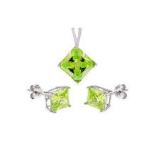 Load image into Gallery viewer, Sterling Silver Peridot CZ Princess Earrings and Pendant Set