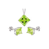 Sterling Silver Peridot CZ Princess Earrings and Pendant Set