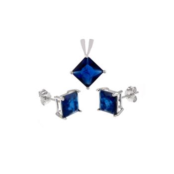 Sterling Silver Sapphire CZ Princess Earrings and Pendant Set