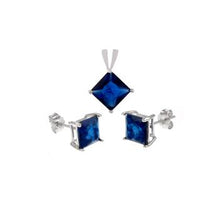 Load image into Gallery viewer, Sterling Silver Sapphire CZ Princess Earrings and Pendant Set