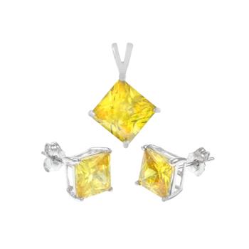 Sterling Silver Citrine CZ Princess Earrings and Pendant Set