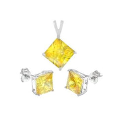 Sterling Silver Citrine CZ Princess Earrings and Pendant Set