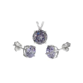 Sterling Silver Round Lavender CZ Earrings And Pendant Set