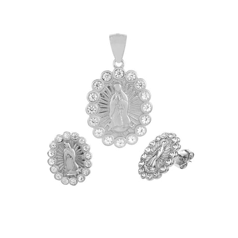 Sterling Silver Rhodium Plated CZ Lady Of Guadalupe Earrings And Pendant Set