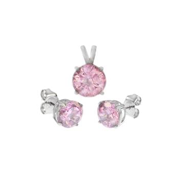Sterling Silver Round Pink CZ Earrings And Pendant Set