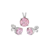 Sterling Silver Round Pink CZ Earrings And Pendant Set