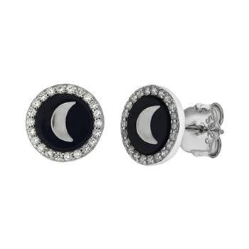 Sterling Silver Creacent Moon On Black Onyx With CZ Stud Earrings