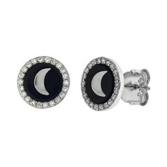Sterling Silver Creacent Moon On Black Onyx With CZ Stud Earrings