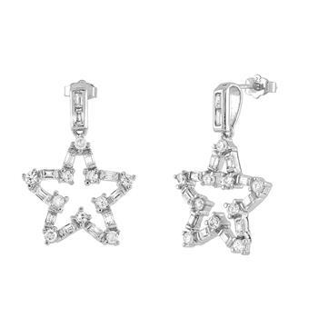 Sterling Silver Rhodium Plated Baguette And Round CZ Star Dangle Earrings