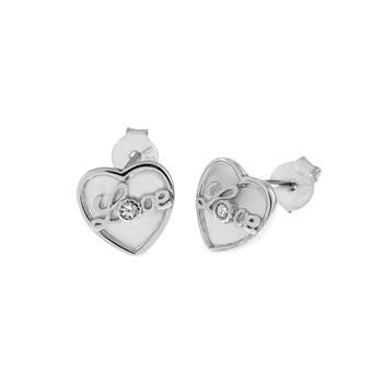 Sterling Silver Rhodium Plated Mother Of Pearl Heart Love CZ Stud Earrings