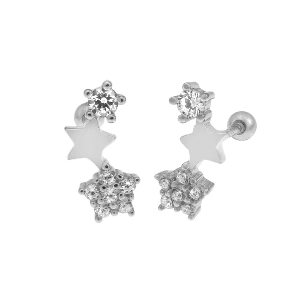 Sterling Silver Triple Star CZ Drop Earrings With Ball Crew Back