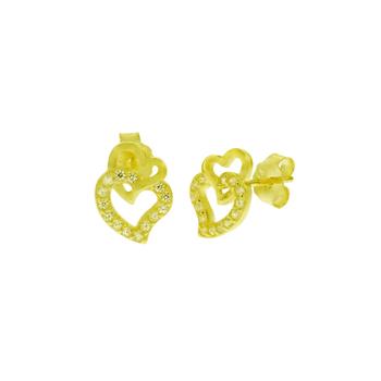 Sterling Silver Gold Plated Double Heart CZ Stud Earrings