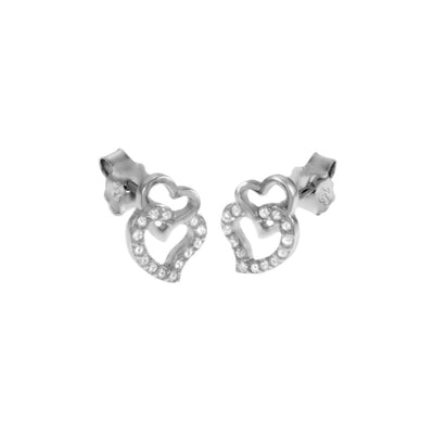 Sterling Silver Rhodium Plated Double Heart CZ Stud Earrings