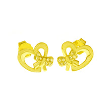 Load image into Gallery viewer, Sterling Silver Gold Plated CZ Bow Heart Stud Earrings