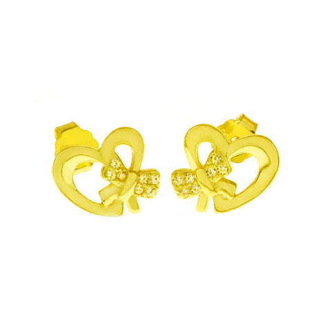 Sterling Silver Gold Plated CZ Bow Heart Stud Earrings