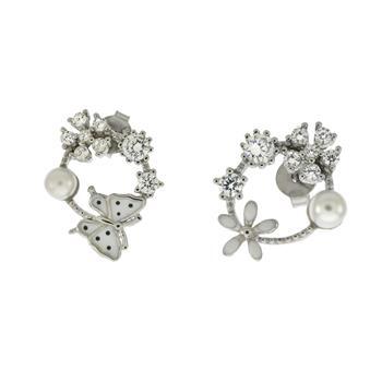 Sterling Silver Flower Enamel Butterfly Pearl Cluster CZ Stud Earrings