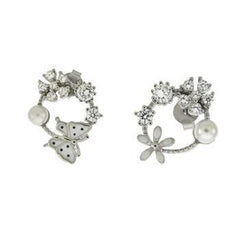 Sterling Silver Flower Enamel Butterfly Pearl Cluster CZ Stud Earrings