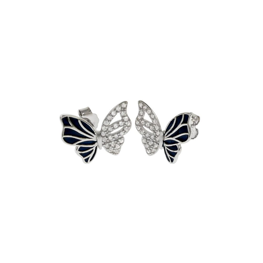 Sterling Silver Rhodium Plated Pave CZ Enamel Butterfly Stud Earrings