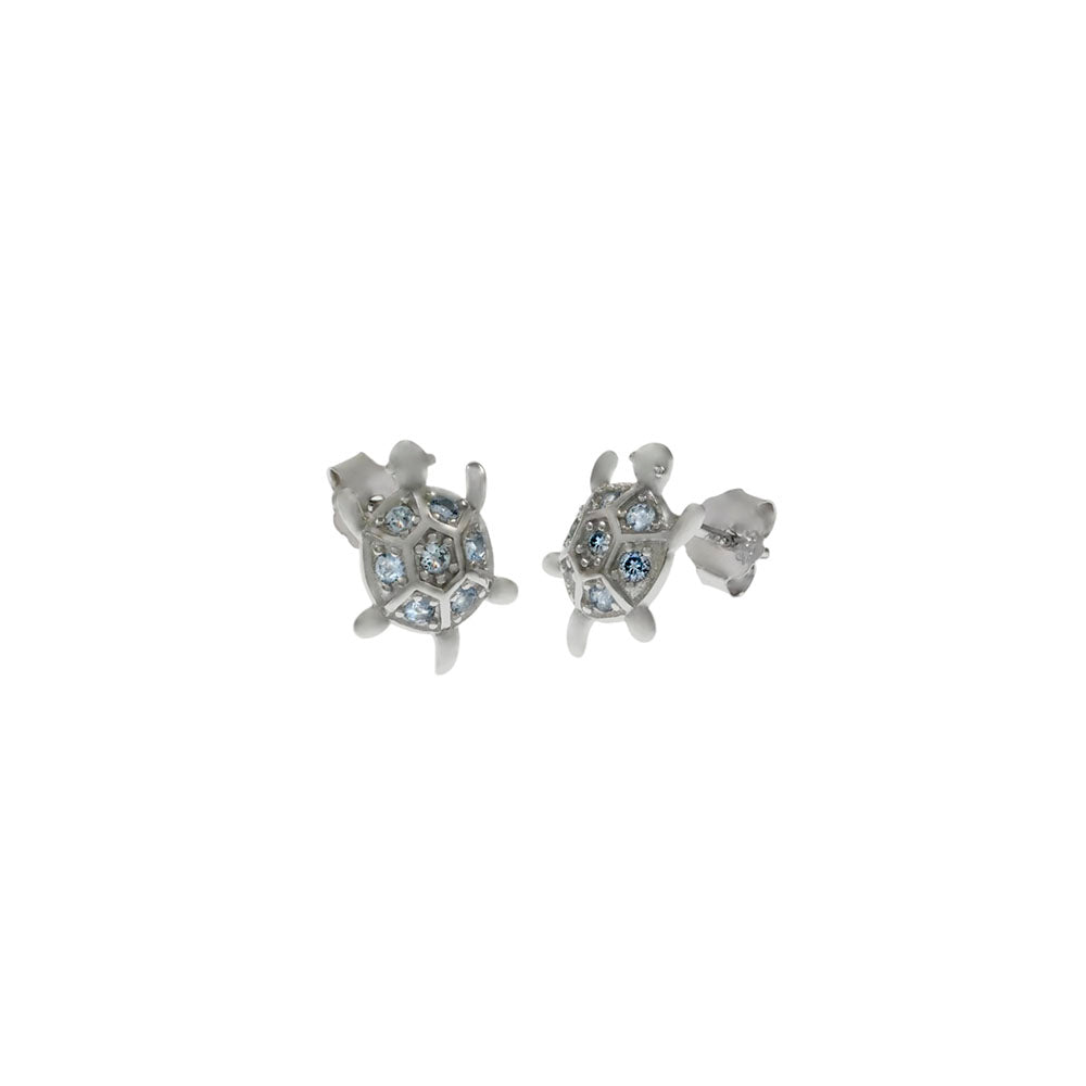 Sterling Silver Rhodium Plated Aquamarine CZ Turtle Stud Earrings