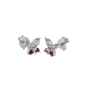 Sterling Silver Pink And Red CZ Butterfly Stud Earrings
