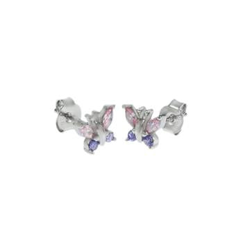 Sterling Silver Pink And Amethyst CZ Butterfly Stud Earrings
