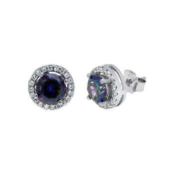 Sterling Silver Round Rainbow Mystic Halo CZ Stud Earrings