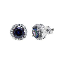 Load image into Gallery viewer, Sterling Silver Round Rainbow Mystic Halo CZ Stud Earrings