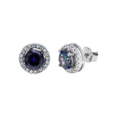 Sterling Silver Round Rainbow Mystic Halo CZ Stud Earrings