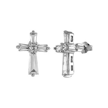 Sterling Silver Trapezoid Baguette Cubic Zirconia Cross Stud Earrings