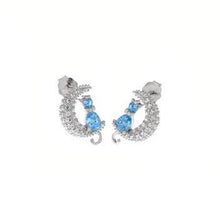 Load image into Gallery viewer, Sterling Silver Blue Zircon Cat Pave CZ Moon Stud Earrings