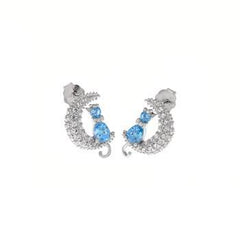 Sterling Silver Blue Zircon Cat Pave CZ Moon Stud Earrings