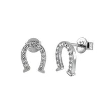 Load image into Gallery viewer, Sterling Silver Rhodium Plated Pave CZ Horseshoe Stud Earrings