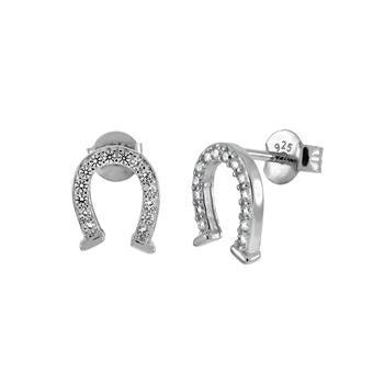 Sterling Silver Rhodium Plated Pave CZ Horseshoe Stud Earrings