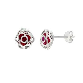 Sterling Silver Red Ruby CZ Flower Stud Earrings