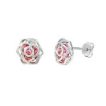 Load image into Gallery viewer, Sterling Silver Pink CZ Flower Stud Earrings