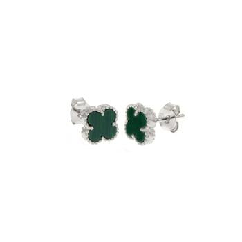 Sterling Silver Malachite Clover Rhodium Plated Earrings