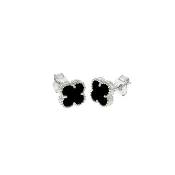 Sterling Silver Black Onyx Clover Rhodium Plated Earrings