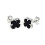 Sterling Silver Rhodium Black Onyx Clover Earrings