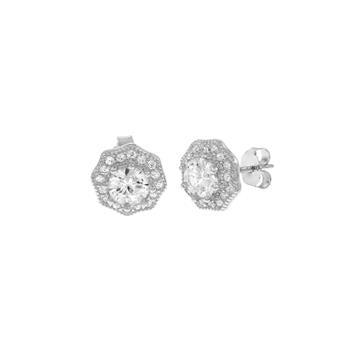 Sterling Silver Octagon Halo CZ Stud Earrings