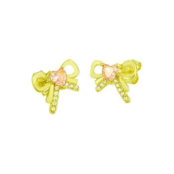 Sterling Silver Rhodium Plated Pink Heart CZ Bow Stud Earrings