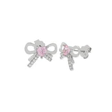 Load image into Gallery viewer, Sterling Silver Pink Heart CZ Bow Stud Earrings