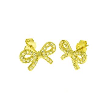 Sterling Silver Gold Plated Pave CZ Bow Stud Earrings