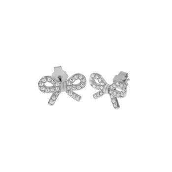 Sterling Silver Rhodium Pave CZ Bow Stud Earrings