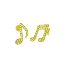 Load image into Gallery viewer, Sterling Silver Gold Plated Pave CZ Music Note Stud Earrings