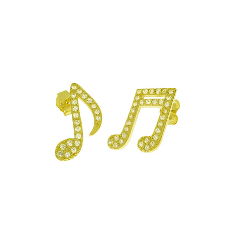 Sterling Silver Gold Plated Pave CZ Music Note Stud Earrings